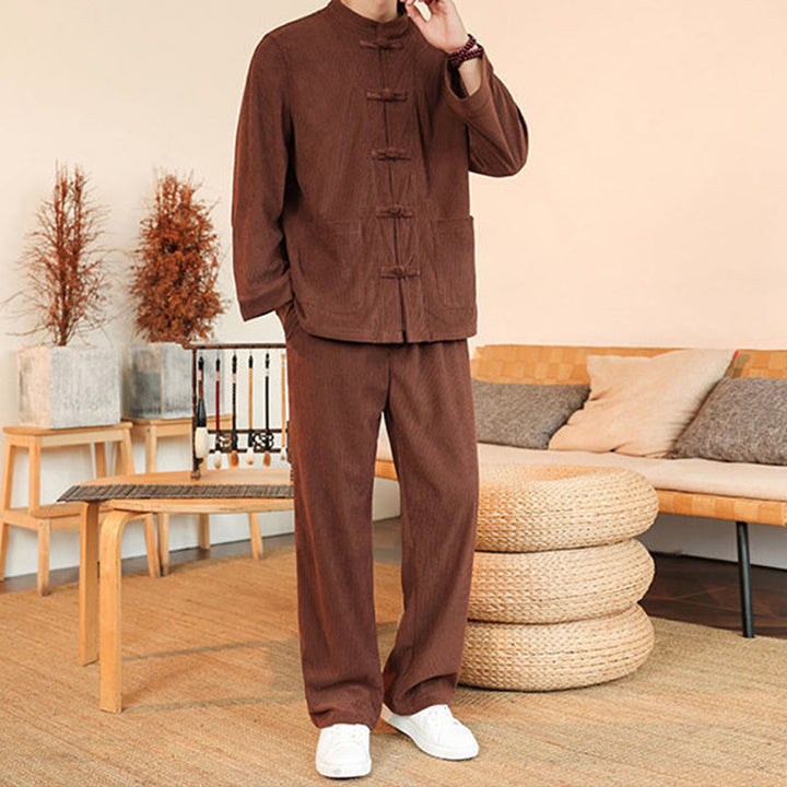 Buddha Stones 2-teiliges schlichtes Herren-Set mit Froschknöpfen, Langarmhemd und Hose aus Baumwollcord mit Taschen - image 4