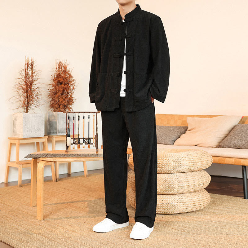 Buddha Stones 2-teiliges schlichtes Herren-Set mit Froschknöpfen, Langarmhemd und Hose aus Baumwollcord mit Taschen - Schwarz - US/UK/AU46, EU56 (5XL) - image 21