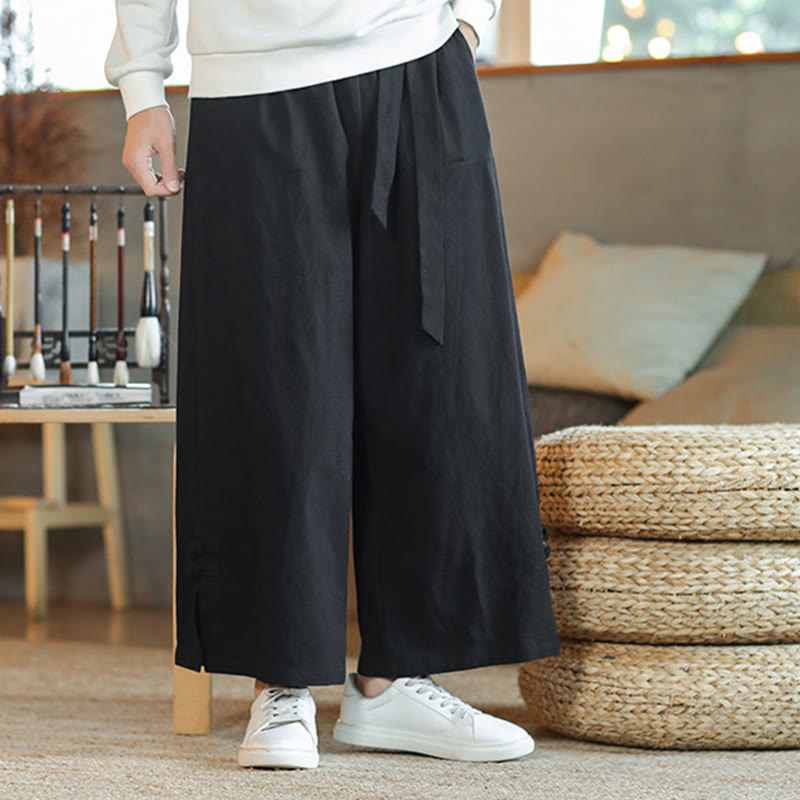 Buddha Stones Fall Kordelzug Chinesischer Frosch-Knopf Herrenhose aus Baumwolle mit weitem Bein und Taschen - image 18