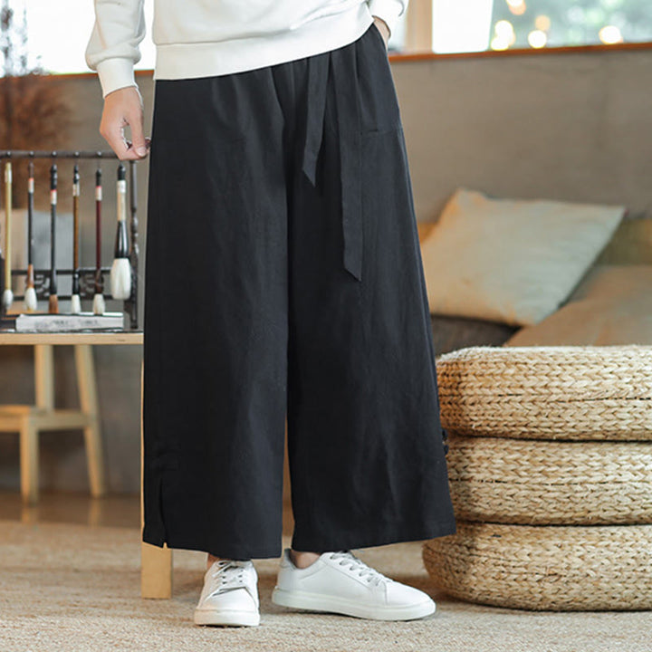 Buddha Stones Fall Kordelzug Chinesischer Frosch-Knopf Herrenhose aus Baumwolle mit weitem Bein und Taschen - image 18