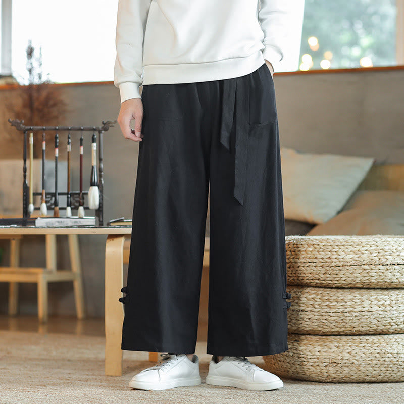 Buddha Stones Fall Kordelzug Chinesischer Frosch-Knopf Herrenhose aus Baumwolle mit weitem Bein und Taschen - Schwarz - US/ UK/AU46，EU56 (5XL) - image 13