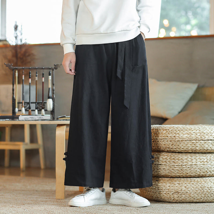 Buddha Stones Fall Kordelzug Chinesischer Frosch-Knopf Herrenhose aus Baumwolle mit weitem Bein und Taschen - Schwarz - US/ UK/AU46，EU56 (5XL) - image 13