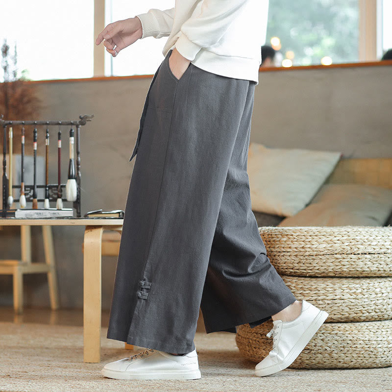 Buddha Stones Fall Kordelzug Chinesischer Frosch-Knopf Herrenhose aus Baumwolle mit weitem Bein und Taschen - image 3
