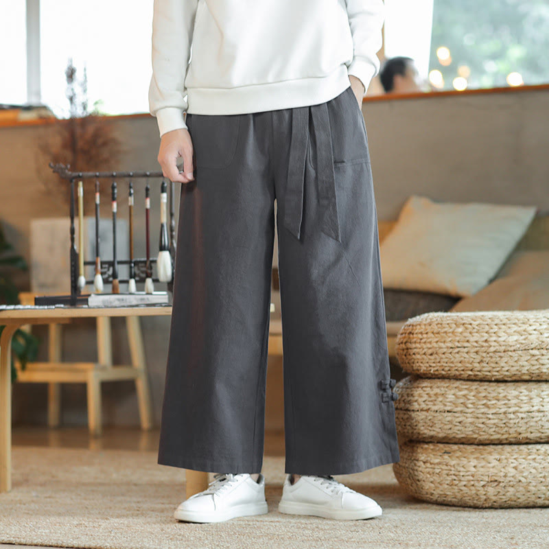 Buddha Stones Fall Kordelzug Chinesischer Frosch-Knopf Herrenhose aus Baumwolle mit weitem Bein und Taschen - image 1