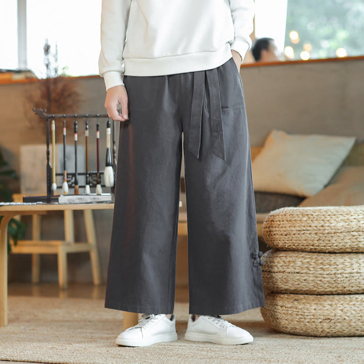 Buddha Stones Fall Kordelzug Chinesischer Frosch-Knopf Herrenhose aus Baumwolle mit weitem Bein und Taschen - image 1