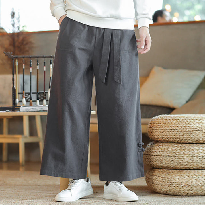 Buddha Stones Fall Kordelzug Chinesischer Frosch-Knopf Herrenhose aus Baumwolle mit weitem Bein und Taschen - image 7