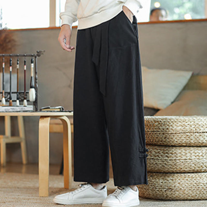 Buddha Stones Fall Kordelzug Chinesischer Frosch-Knopf Herrenhose aus Baumwolle mit weitem Bein und Taschen - image 14
