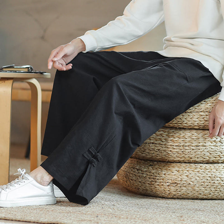 Buddha Stones Fall Kordelzug Chinesischer Frosch-Knopf Herrenhose aus Baumwolle mit weitem Bein und Taschen - image 21