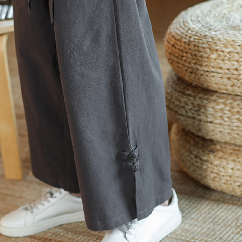 Buddha Stones Fall Kordelzug Chinesischer Frosch-Knopf Herrenhose aus Baumwolle mit weitem Bein und Taschen - image 12