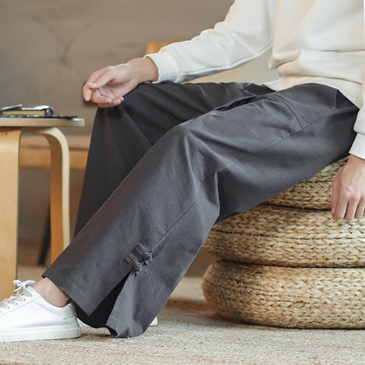 Buddha Stones Fall Kordelzug Chinesischer Frosch-Knopf Herrenhose aus Baumwolle mit weitem Bein und Taschen - image 9