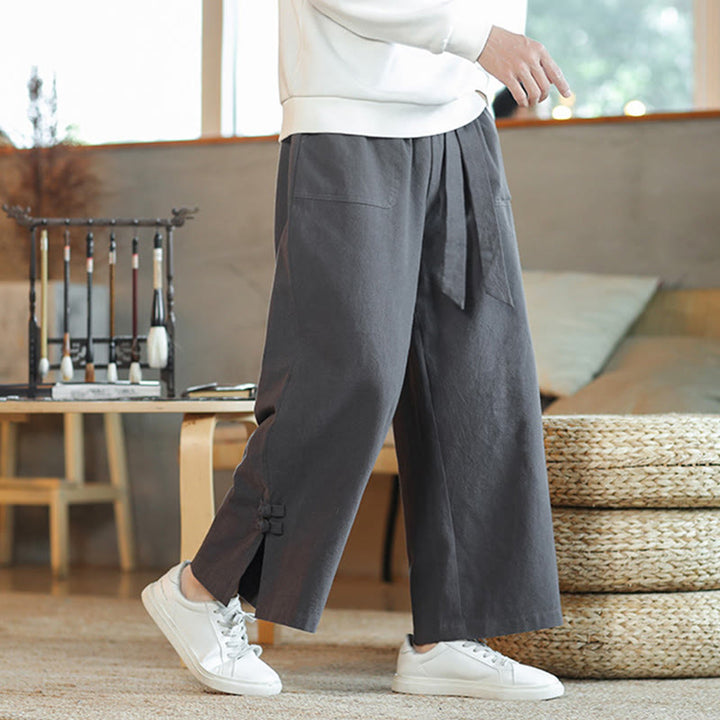 Buddha Stones Fall Kordelzug Chinesischer Frosch-Knopf Herrenhose aus Baumwolle mit weitem Bein und Taschen - Hellschiefergrau - US/ UK/AU46, EU56 (5XL) - image 0