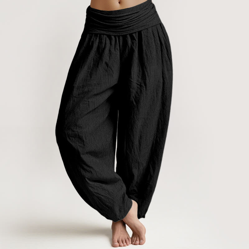 Buddha Stones Damen Haremshose aus reiner Baumwolle, schlicht, schwarz, elastische Taille - Schwarz - US22， UK/AU26，EU54 (6XL) - image 0