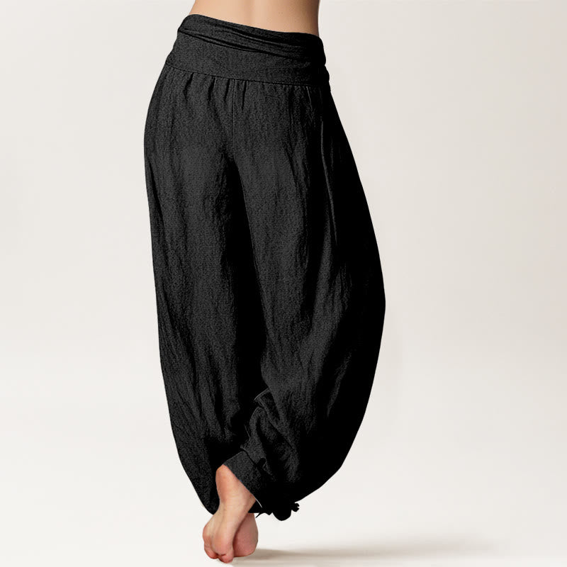 Buddha Stones Damen Haremshose aus reiner Baumwolle, schlicht, schwarz, elastische Taille - image 1