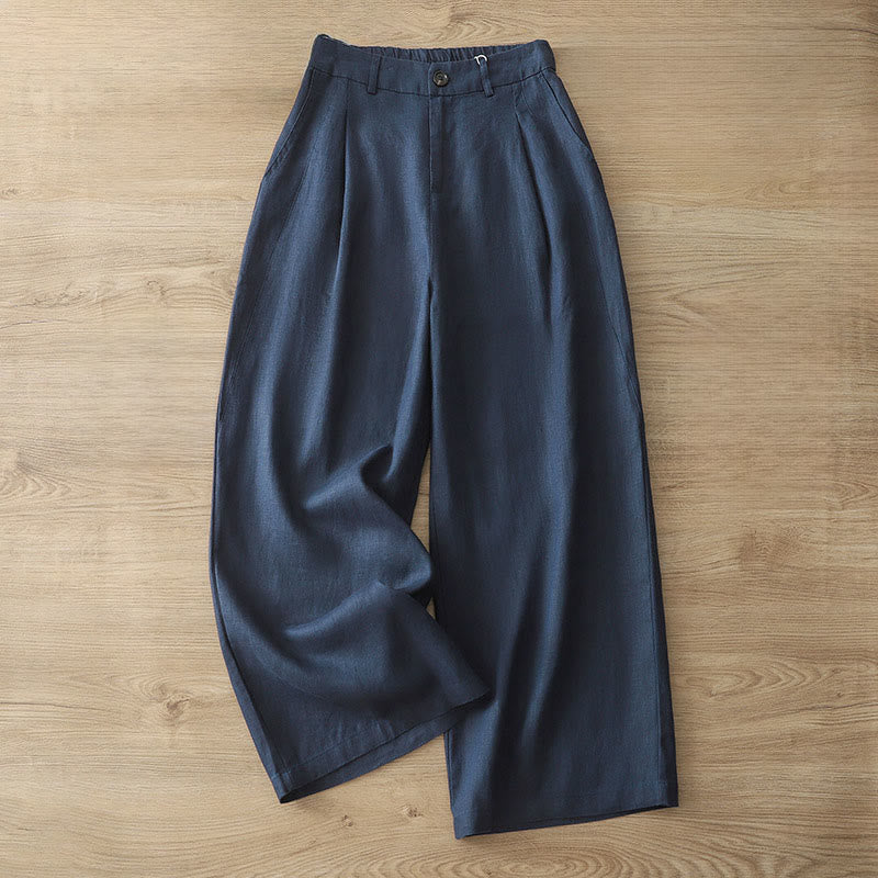 Buddha Stones Damenhose aus einfarbiger Baumwolle mit weitem Bein und Knöpfen und Taschen - Dunkelblau - US8-10， UK/AU12-14，EU40-42 (2XL) - image 0