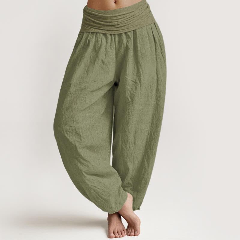 Buddha Stones Solid Olivedrab Damen Haremshose aus reiner Baumwolle mit elastischer Taille - Olivgrün - US22， UK/AU26，EU54 (6XL) - image 0