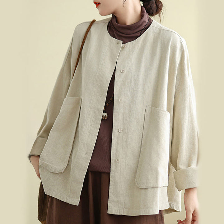 Buddha Stones Damen-Baumwolljacke mit langen Ärmeln und Rundhalsausschnitt und Taschen - image 4