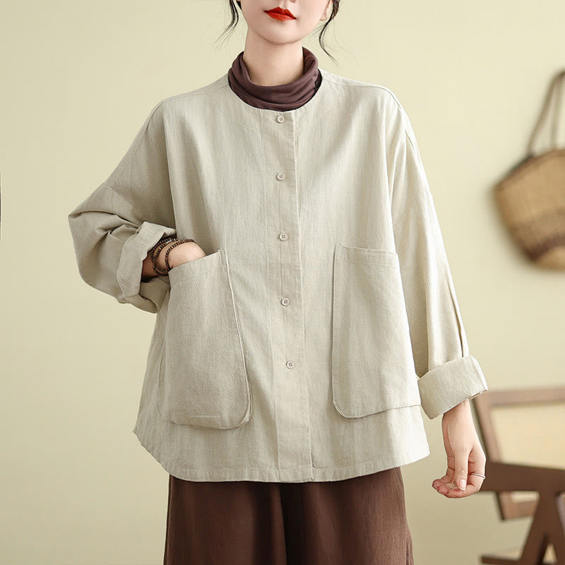 Buddha Stones Damen-Baumwolljacke mit langen Ärmeln und Rundhalsausschnitt und Taschen - image 1