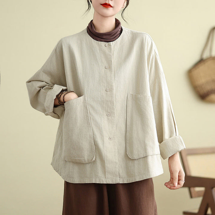 Buddha Stones Damen-Baumwolljacke mit langen Ärmeln und Rundhalsausschnitt und Taschen - image 1