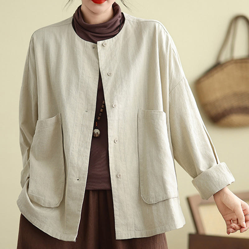 Buddha Stones Damen-Baumwolljacke mit langen Ärmeln und Rundhalsausschnitt und Taschen - Beige - US14， UK/AU18，EU46 (2XL) - image 0