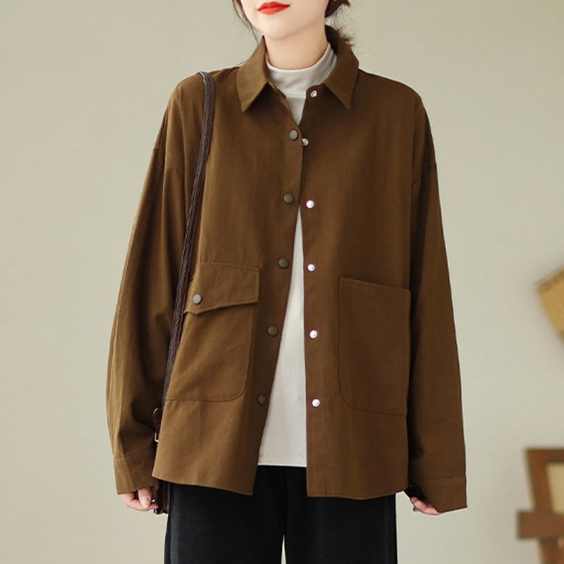 Buddha Stones Damen-Baumwolljacke mit langen Ärmeln und Knöpfen und Taschen - Sattelbraun - US14， UK/AU18，EU46 (2XL) - image 0