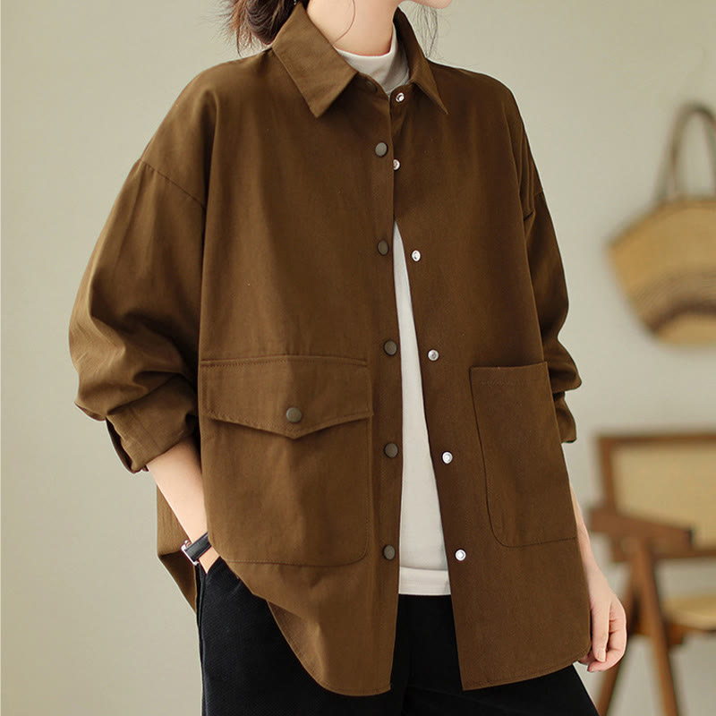 Buddha Stones Damen-Baumwolljacke mit langen Ärmeln und Knöpfen und Taschen - image 1