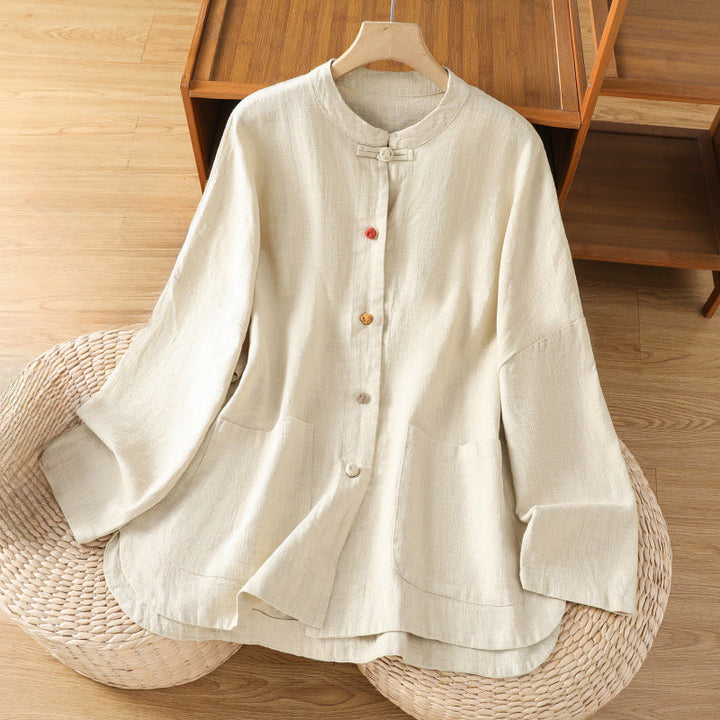 Buddha Stones Lässiges Damen-Langarmhemd aus Baumwolle und Polyester mit Froschknopf und Taschen - Beige - US14， UK/AU18，EU46 (2XL) - image 0