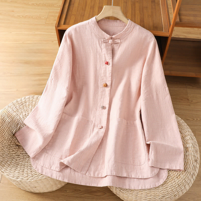 Buddha Stones Lässiges Damen-Langarmhemd aus Baumwolle und Polyester mit Froschknopf und Taschen - Rosa - US14， UK/AU18，EU46 (2XL) - image 8