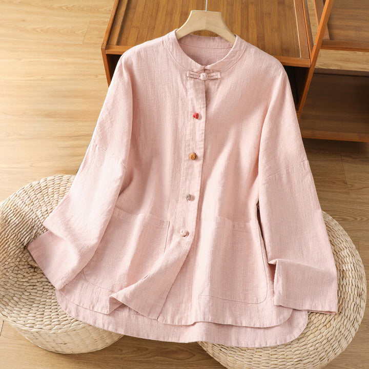 Buddha Stones Lässiges Damen-Langarmhemd aus Baumwolle und Polyester mit Froschknopf und Taschen - Rosa - US14， UK/AU18，EU46 (2XL) - image 8