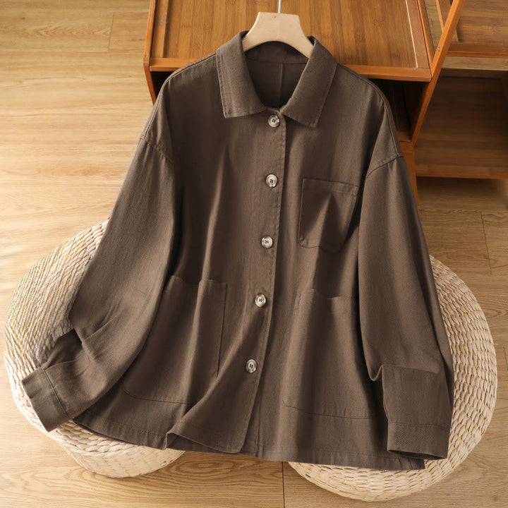Buddha Stones Lässiges Damen-Langarm-Stehkragen-Baumwoll-Polyester-Shirt mit Taschen - Sattelbraun - US14, UK/AU18, EU46 (2XL) - image 0