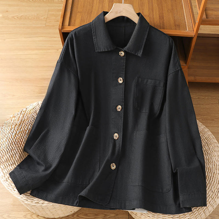 Buddha Stones Lässiges Damen-Langarm-Stehkragen-Baumwoll-Polyester-Shirt mit Taschen - Schwarz - US14， UK/AU18，EU46 (2XL) - image 9