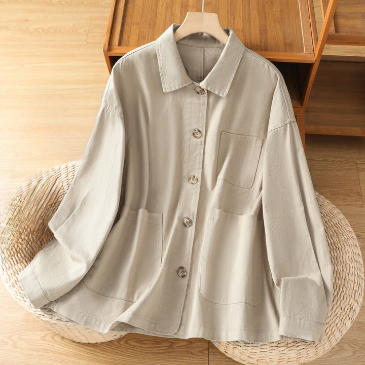 Buddha Stones Lässiges Damen-Langarm-Stehkragen-Baumwoll-Polyester-Shirt mit Taschen - Beige - US14， UK/AU18，EU46 (2XL) - image 18