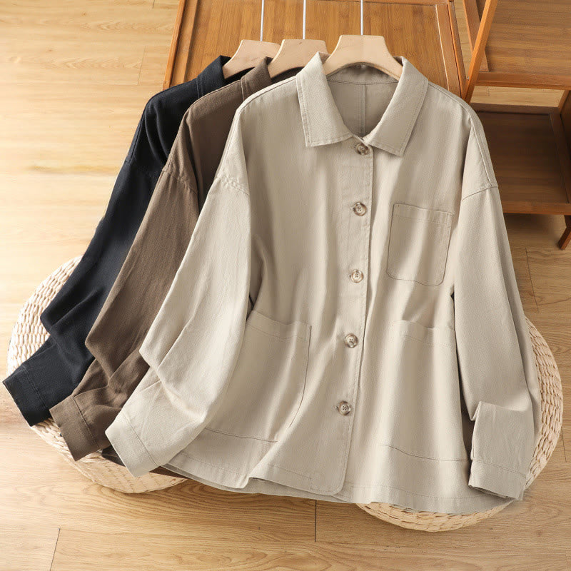 Buddha Stones Lässiges Damen-Langarm-Stehkragen-Baumwoll-Polyester-Shirt mit Taschen - image 28