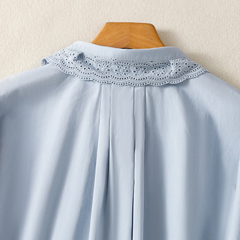 Buddha Stones Lässiges Damen-Baumwollhemd mit langen Ärmeln und Spitzenrevers - image 3