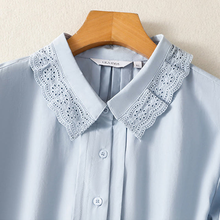 Buddha Stones Lässiges Damen-Baumwollhemd mit langen Ärmeln und Spitzenrevers - image 2