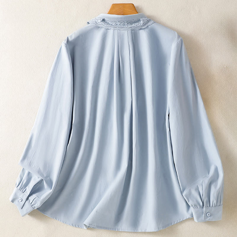 Buddha Stones Lässiges Damen-Baumwollhemd mit langen Ärmeln und Spitzenrevers - image 1