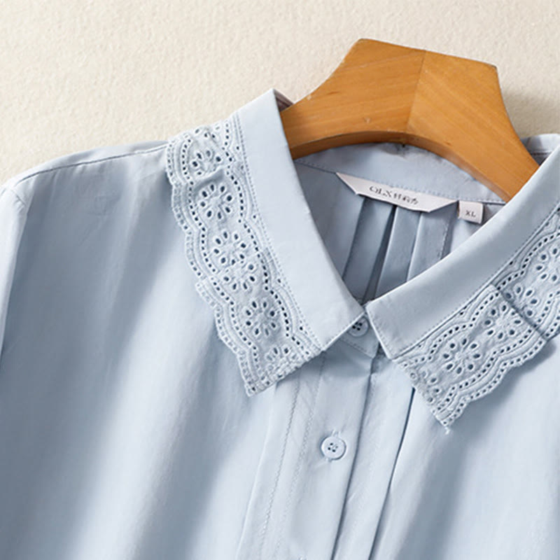 Buddha Stones Lässiges Damen-Baumwollhemd mit langen Ärmeln und Spitzenrevers - image 4