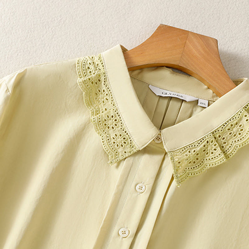 Buddha Stones Lässiges Damen-Baumwollhemd mit langen Ärmeln und Spitzenrevers - image 11