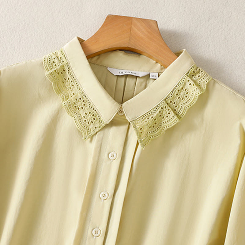 Buddha Stones Lässiges Damen-Baumwollhemd mit langen Ärmeln und Spitzenrevers - image 13