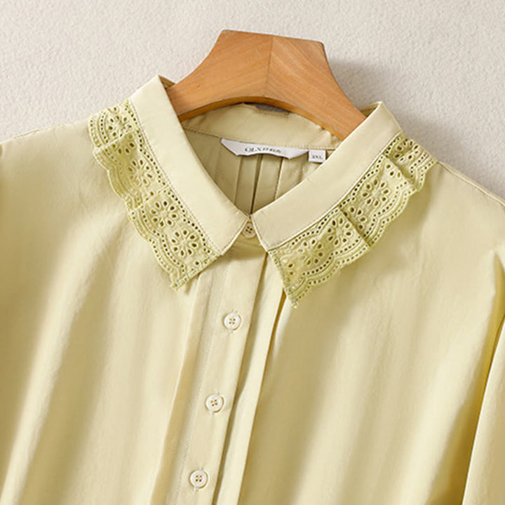 Buddha Stones Lässiges Damen-Baumwollhemd mit langen Ärmeln und Spitzenrevers - image 13