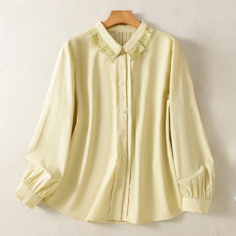 Buddha Stones Lässiges Damen-Baumwollhemd mit langen Ärmeln und Spitzenrevers - Khaki - US12, UK/AU16, EU44 (2XL) - image 9