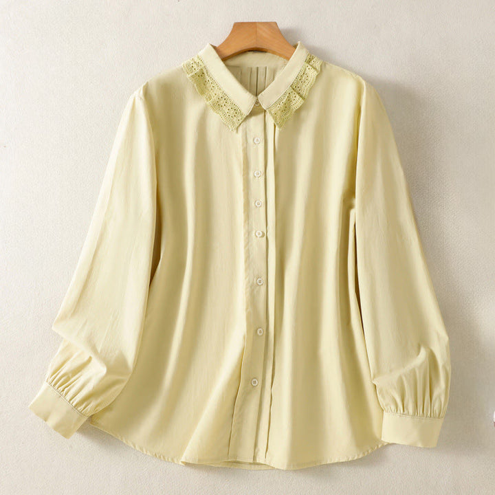 Buddha Stones Lässiges Damen-Baumwollhemd mit langen Ärmeln und Spitzenrevers - Khaki - US12, UK/AU16, EU44 (2XL) - image 9