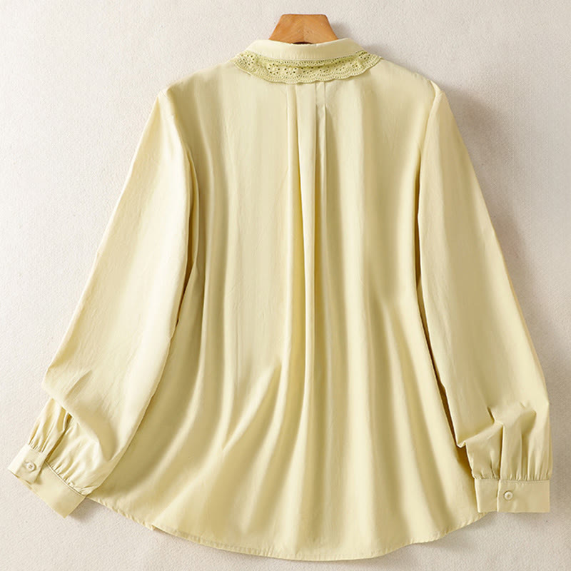 Buddha Stones Lässiges Damen-Baumwollhemd mit langen Ärmeln und Spitzenrevers - image 10