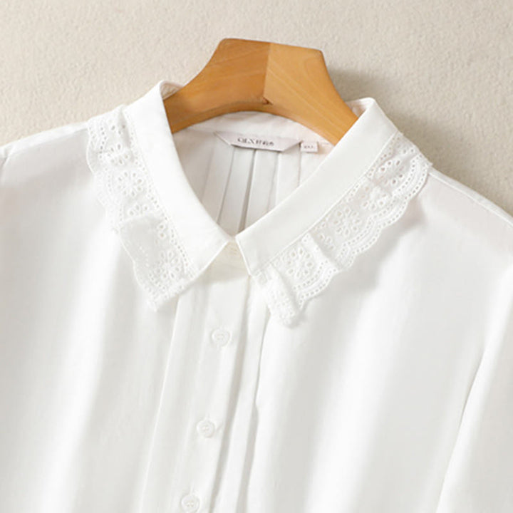 Buddha Stones Lässiges Damen-Baumwollhemd mit langen Ärmeln und Spitzenrevers - image 26