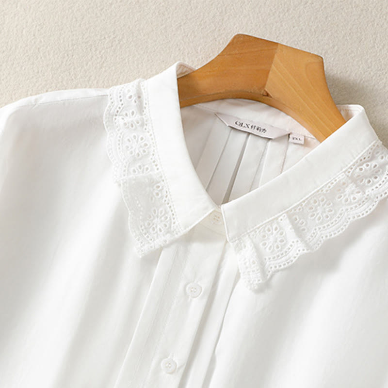 Buddha Stones Lässiges Damen-Baumwollhemd mit langen Ärmeln und Spitzenrevers - image 25