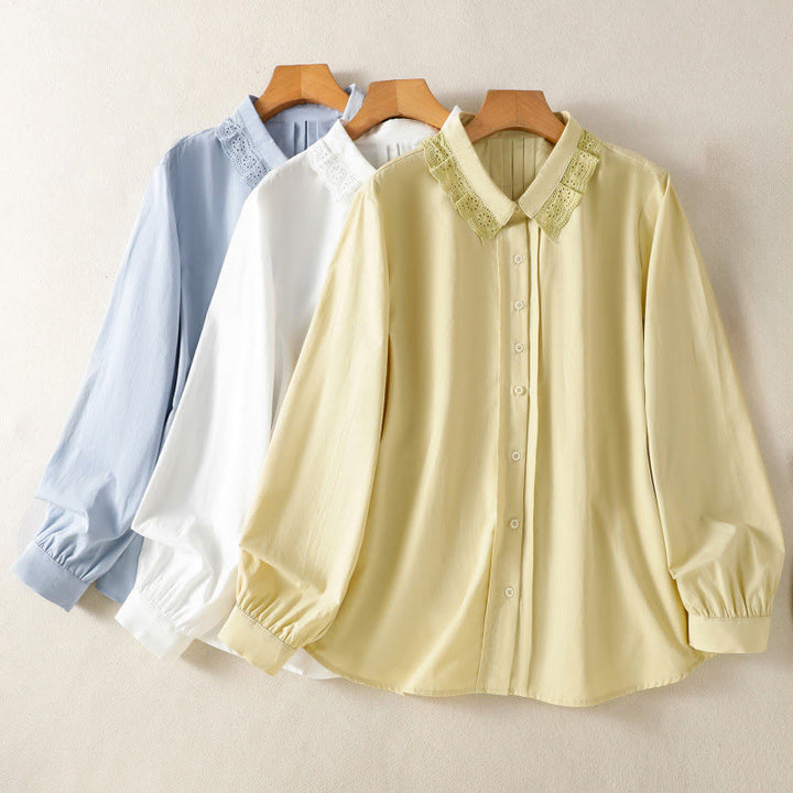 Buddha Stones Lässiges Damen-Baumwollhemd mit langen Ärmeln und Spitzenrevers - image 27