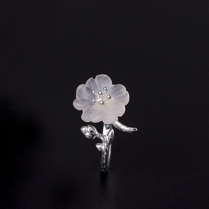 Buddha Stones Natürlicher weißer Kristall Blume 925 Sterling Silber Verstellbarer Heilring - image 1