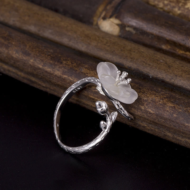 Buddha Stones Natürlicher weißer Kristall Blume 925 Sterling Silber Verstellbarer Heilring - image 2