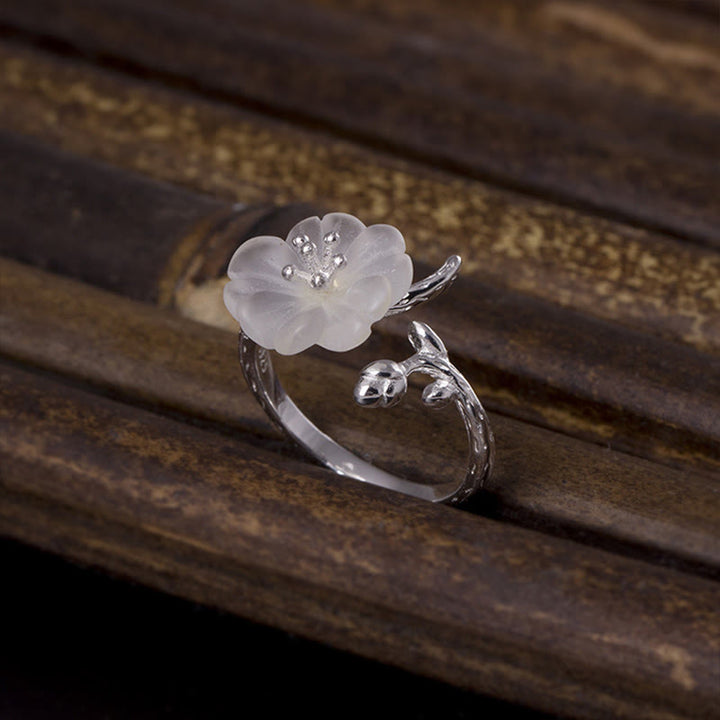 Buddha Stones Natürlicher weißer Kristall Blume 925 Sterling Silber Verstellbarer Heilring - Weißer Kristall & 925 Sterling Silber - image 0
