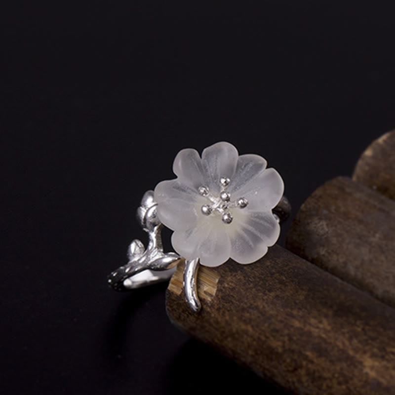 Buddha Stones Natürlicher weißer Kristall Blume 925 Sterling Silber Verstellbarer Heilring - image 3