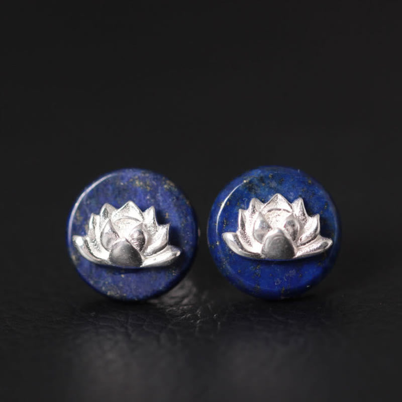Buddha Stones Lazurite 925 Sterling Silber Lotus Muster Erleuchtung Ohrringe  - Lazurite Lotus (925 Sterling Silber Pfosten) - image 0